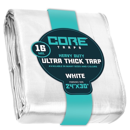 Core Tarps Heavy Duty Tarp, 30 ft x 0.5 mm H x 24 ft W, 16 Mil, White, Polyethylene CT-304-24X30